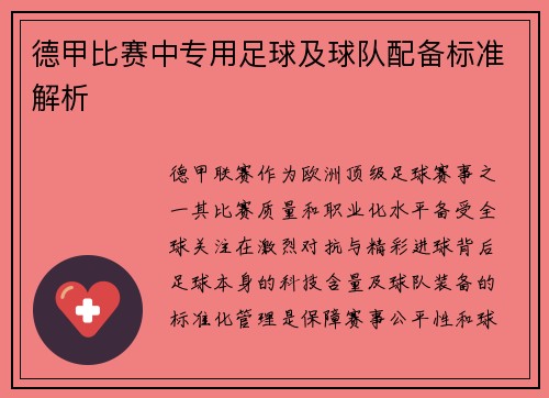 德甲比赛中专用足球及球队配备标准解析